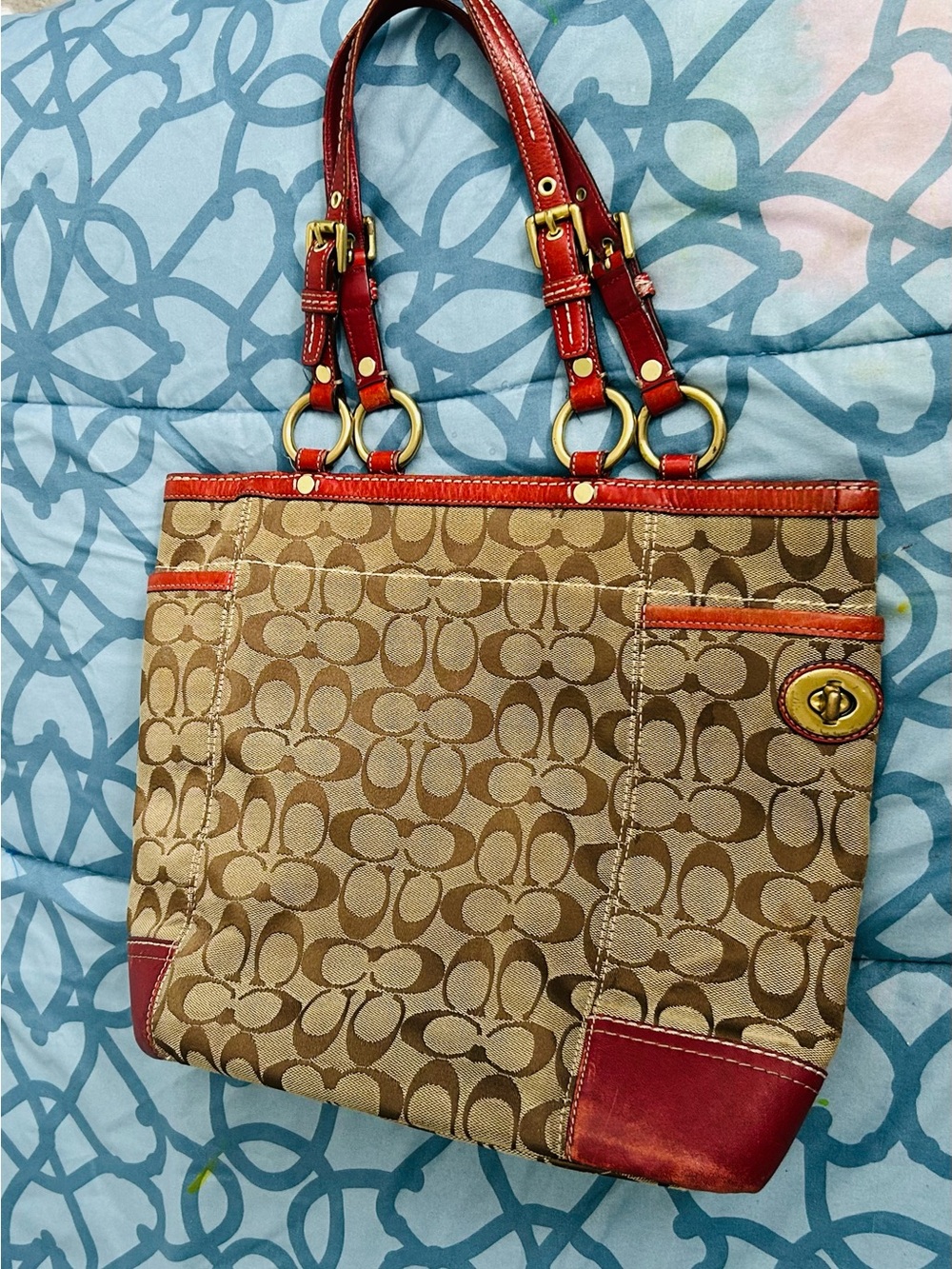 Coach Signature Pattern Canvas Tote with Red Leather Trim